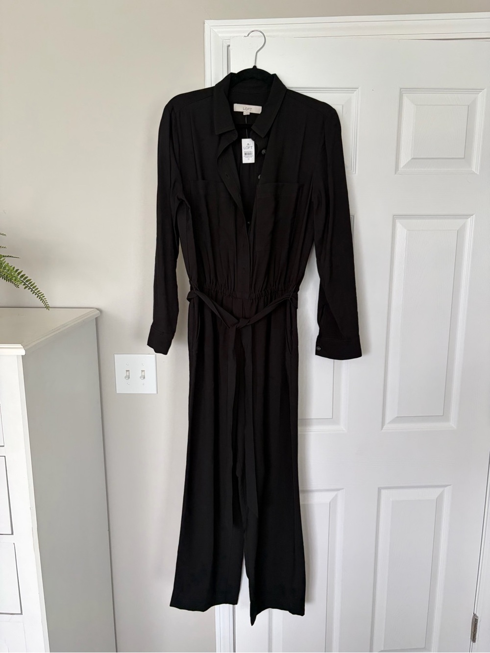 LOFT Black Button-Front Tie-Waist Jumpsuit - Picture 2 of 4